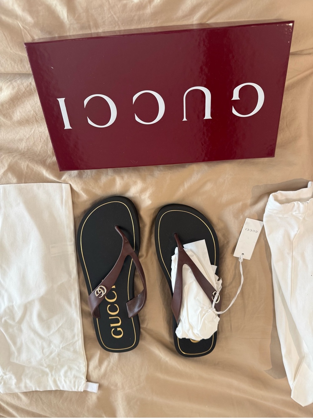 Gucci Black Footbed with Brown Leather Strap Flip Flops